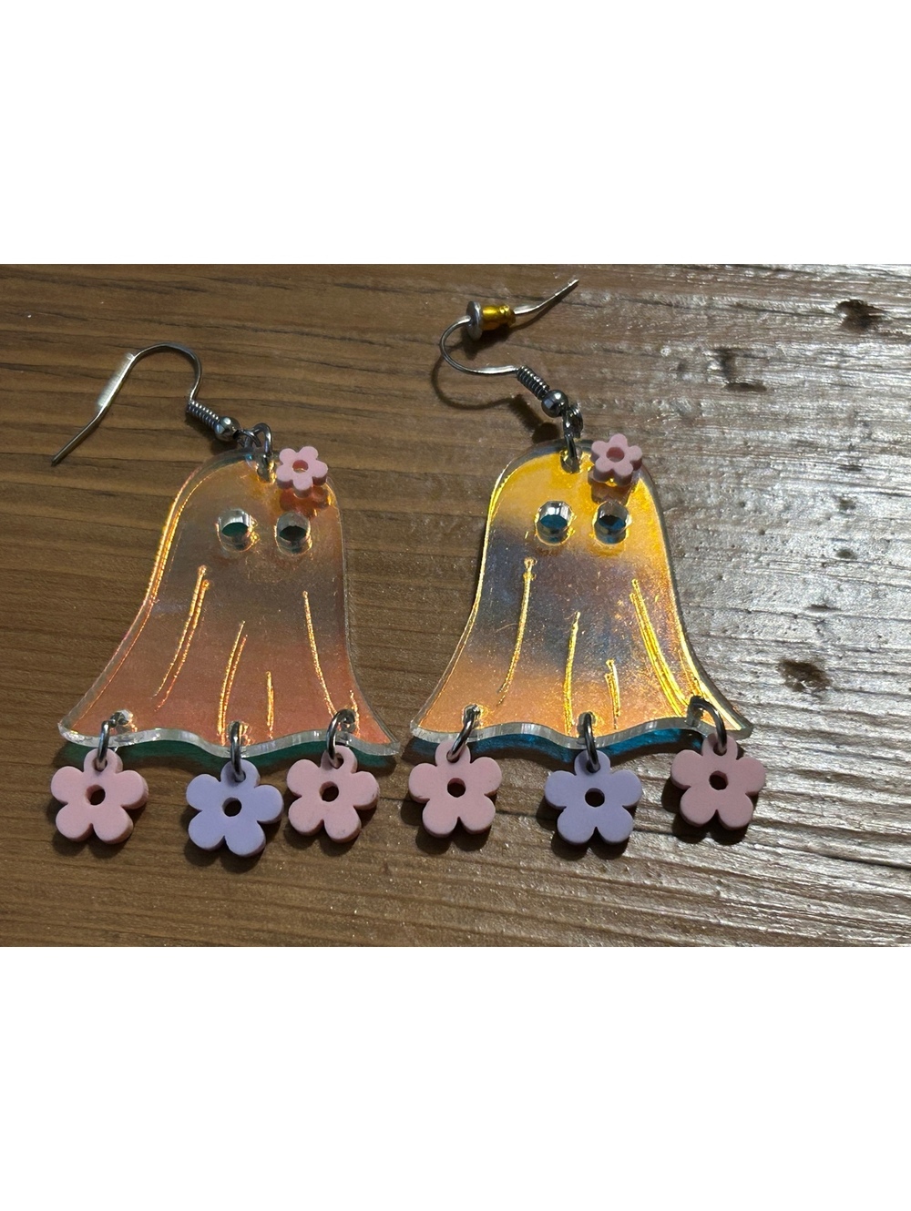 Cute Handmade Ghost Earrings with Pink and Lavender Flower Charms